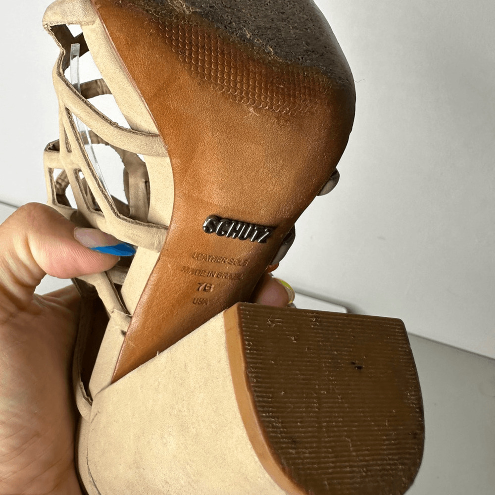 Schutz Jaden Caged Sandals Women's Block Heel Goat Taupe Leather Size US 7 - Picture 7 of 11